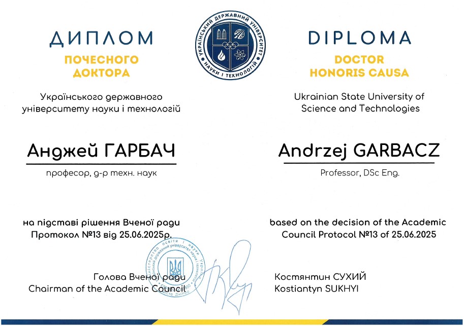 Prof. Andrzej Garbacz doktorem honoris causa Ukrainian State University of Science and Technologies – docenienie ponad 25 lat współpracy WIL i PNABiA