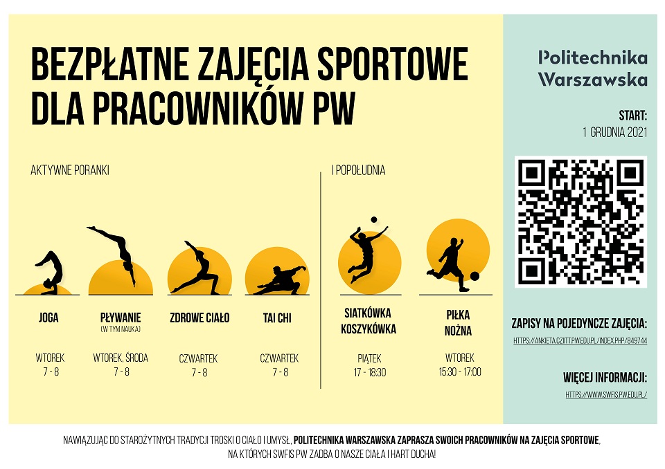 Bezpłatne zajęcia sportowe dla pracowników PW – oferta zajęć została rozszerzona