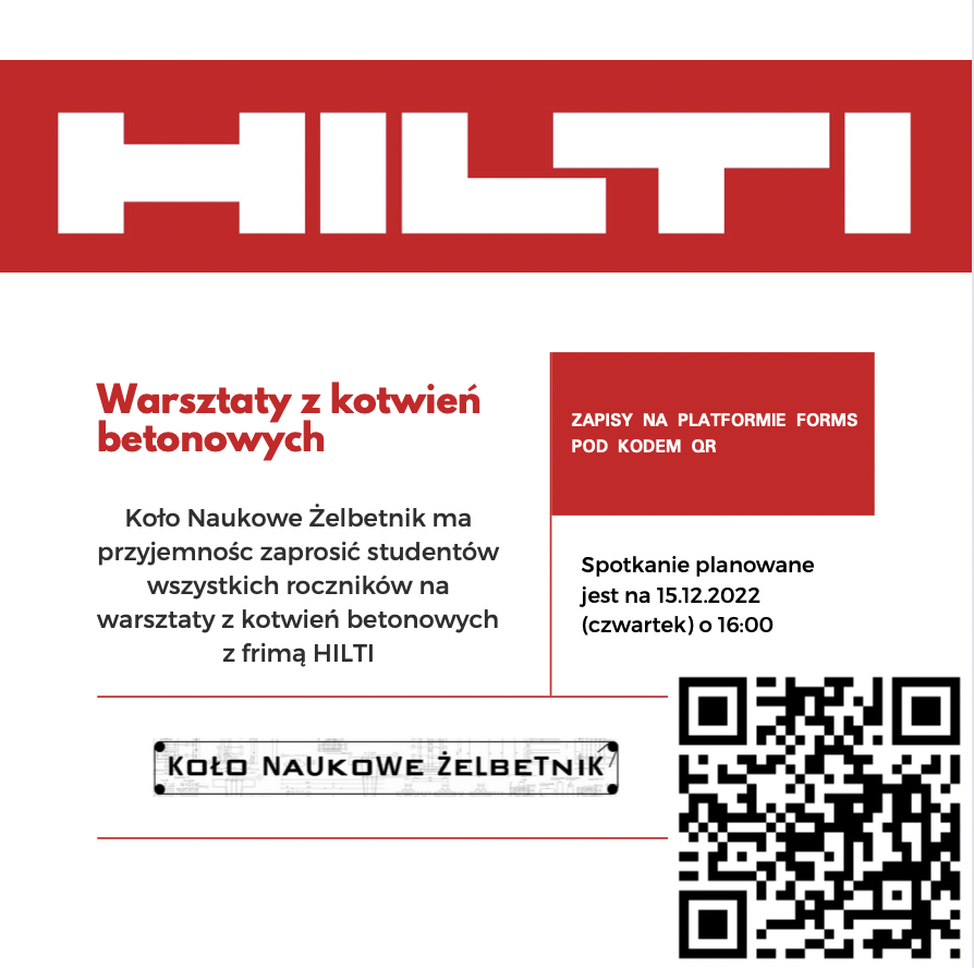 Warsztaty praktyczne z firmą HILTI dotyczące techniki kotwienia, 15.12, czwartek, g. 16-18