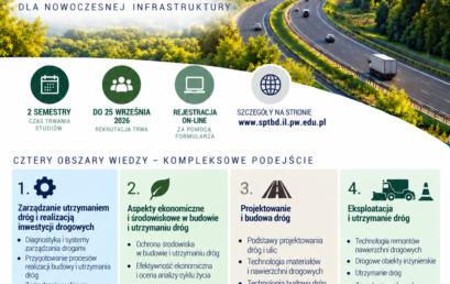 Trwa rekrutacja na nowe Studia Podyplomowe ” Zrównoważone Zarządzanie Budową i Utrzymaniem Dróg”