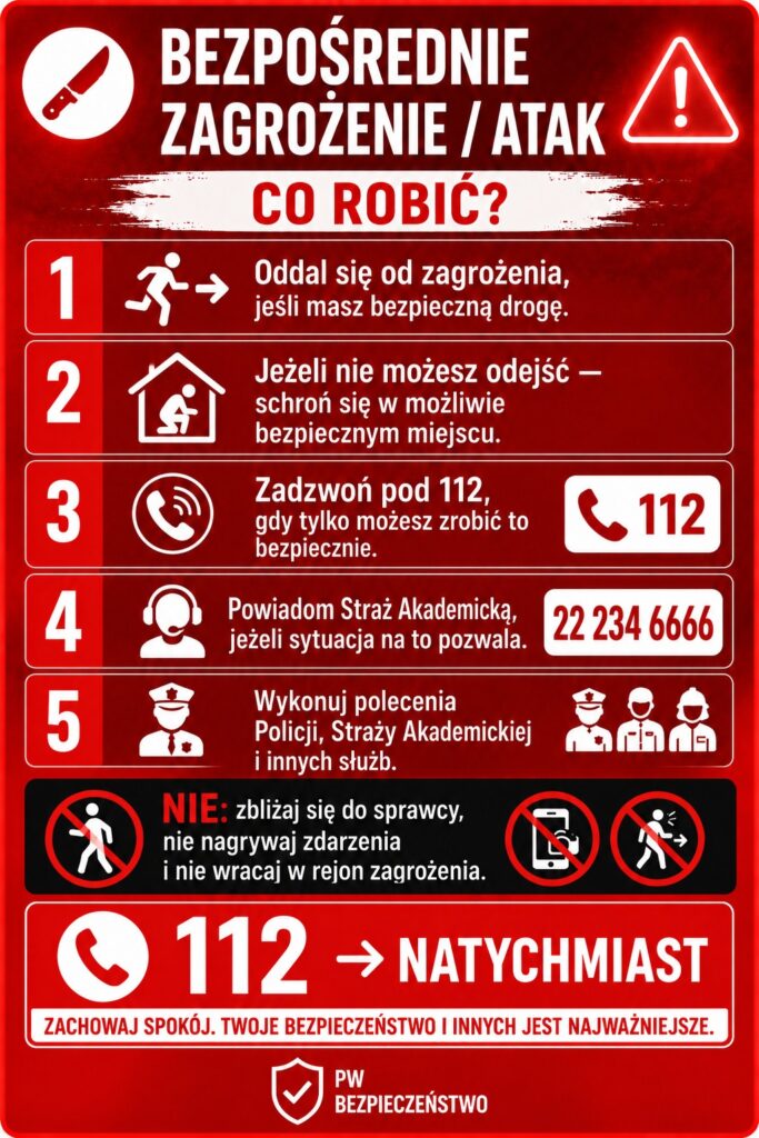 BEZPOŚREDNIE ZAGROŻENIE / ATAK. CO ROBIĆ? 1. Oddal się od zagrożenia, jeśli masz bezpieczną drogę. 2. Jeżeli nie możesz odejść - schroń się w możliwie bezpiecznym miejscu. 3. Zadzwoń pod 112, gdy tylko możesz zrobić to bezpiecznie. 4. Powiadom Straż Akademicką, jeżeli sytuacja na to pozwala -> 22 234 6666. 5. Wykonuj polecenia Policji, Straży Akademickiej i innych służb. NIE: zbliżaj się do sprawcy, nie nagrywaj zdarzenia i nie wracaj w rejon zagrożenia. ZACHOWAJ SPOKÓJ. TWOJE BEZPIECZEŃSTWO I INNYCH JEST NAJWAŻNIEJSZE.