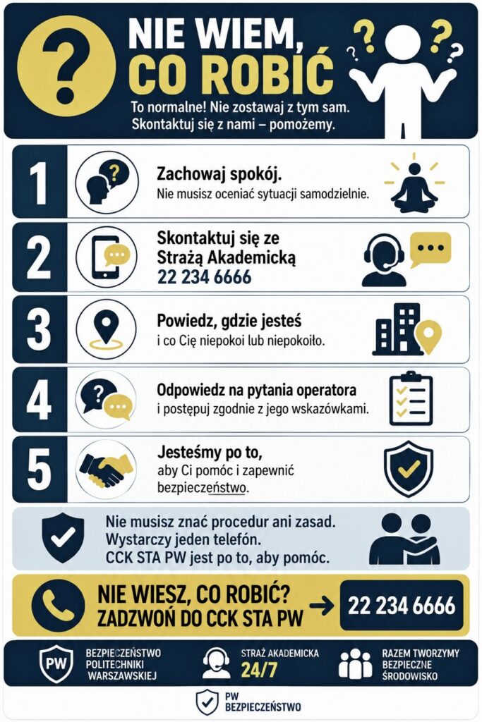 NIE WIEM, CO ROBIĆ To normalne! Nie zostawaj z tym sam. Skontaktuj się z nami - pomożemy. 1. Zachowaj spokój. Nie musisz oceniać sytuacji samodzielnie. 2. Skontaktuj się ze Strażą Akademicką 22 234 6666 3. Powiedz, gdzie jesteś i co Cię niepokoi lub niepokoiło. 4. Odpowiedz na pytania operatora i postępuj zgodnie z jego wskazówkami. 5. Jesteśmy po to, aby Ci pomóc i zapewnić bezpieczeństwo. Nie musisz znać procedur ani zasad. Wystarczy jeden telefon. CCK STA PW jest po to, aby pomóc. NIE WIESZ, CO ROBIĆ? ZADZWOŃ DO CCK STA PW -> 22 234 6666 BEZPIECZEŃSTWO POLITECHNIKI WARSZAWSKIEJ STRAŻ AKADEMICKA 24/7 RAZEM TWORZYMY BEZPIECZNE ŚRODOWISKO